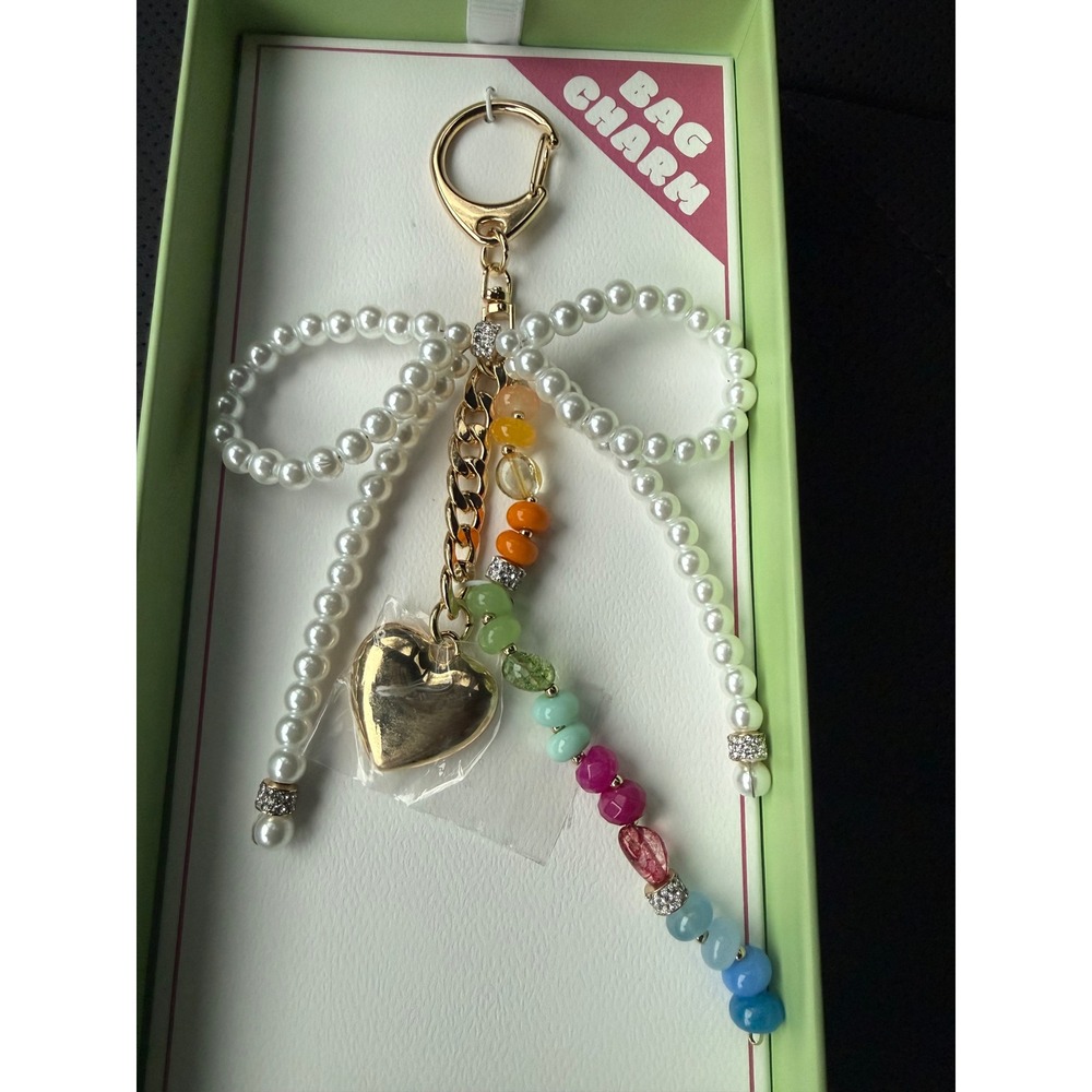 Rush by Denis & Charles Pearl Bow Rainbow Bead Heart Bag Charm‎ Keychain NIB